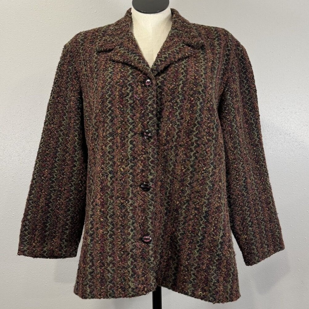 Liz Baker Woman Bouclé Button Front Coat Size 22W Multicolor Chevron Lined